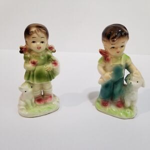 Vintage Fine Porcelain Japan Boy w/Lamb & Little Girl w/Cat 4.5'H Figurines